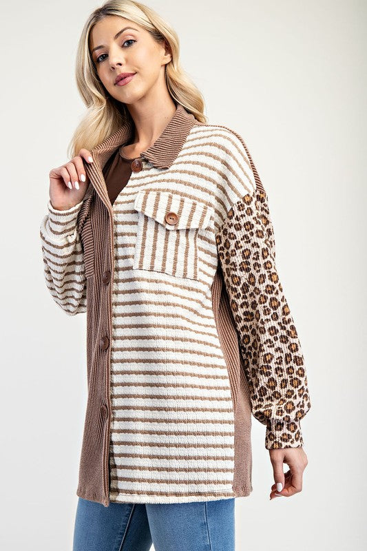 Celeste Full Size Leopard Contrast Button Up Shacket - Brittney MADE