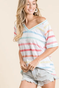 BiBi Striped V-Neck Short Sleeve T-Shirt - Brittney MADE