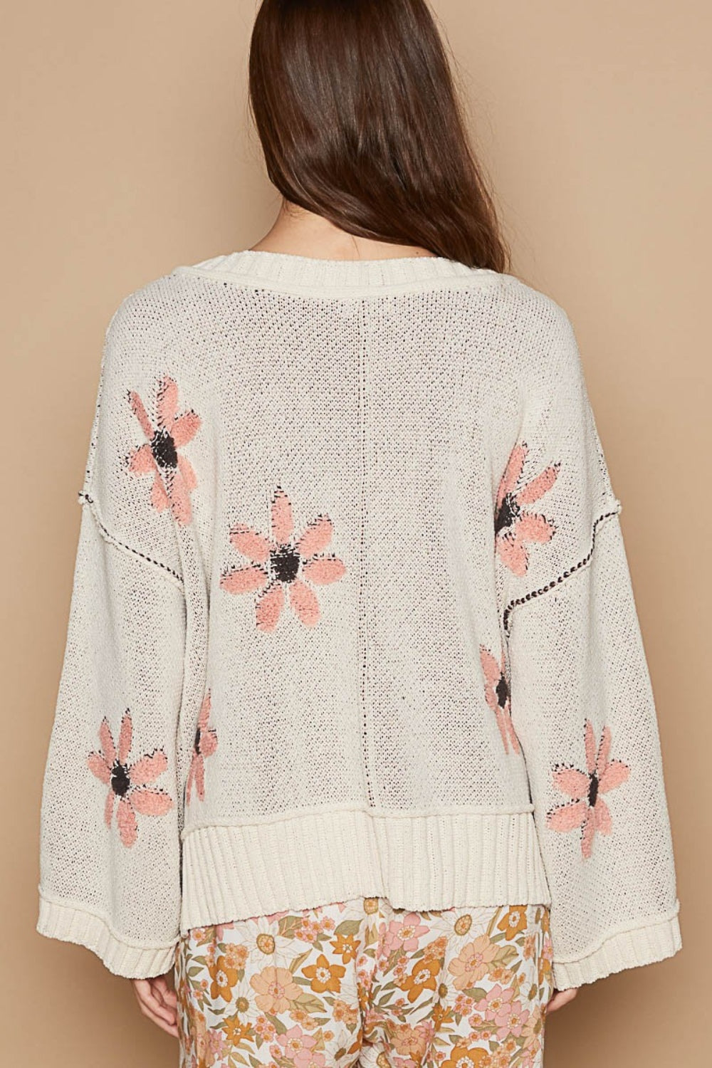 POL V-Neck Floral Pattern Chenille Sweater - Brittney MADE