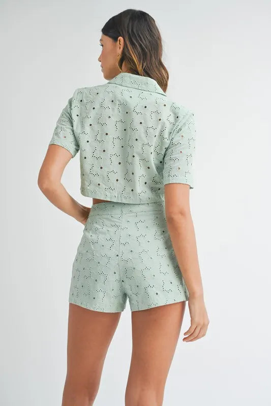 MABLE Eyelet Short Sleeve Crop Top and Shorts Set - Brittney MADE