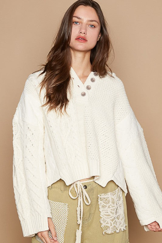 POL Cable-Knit Quarter Button Hooded Sweater - Brittney MADE