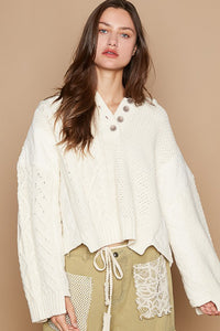 POL Cable-Knit Quarter Button Hooded Sweater - Brittney MADE
