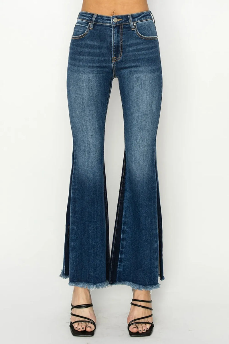 RISEN Full Size High Rise Side Shadow Seam Detail Slit Flare Jeans - Brittney MADE