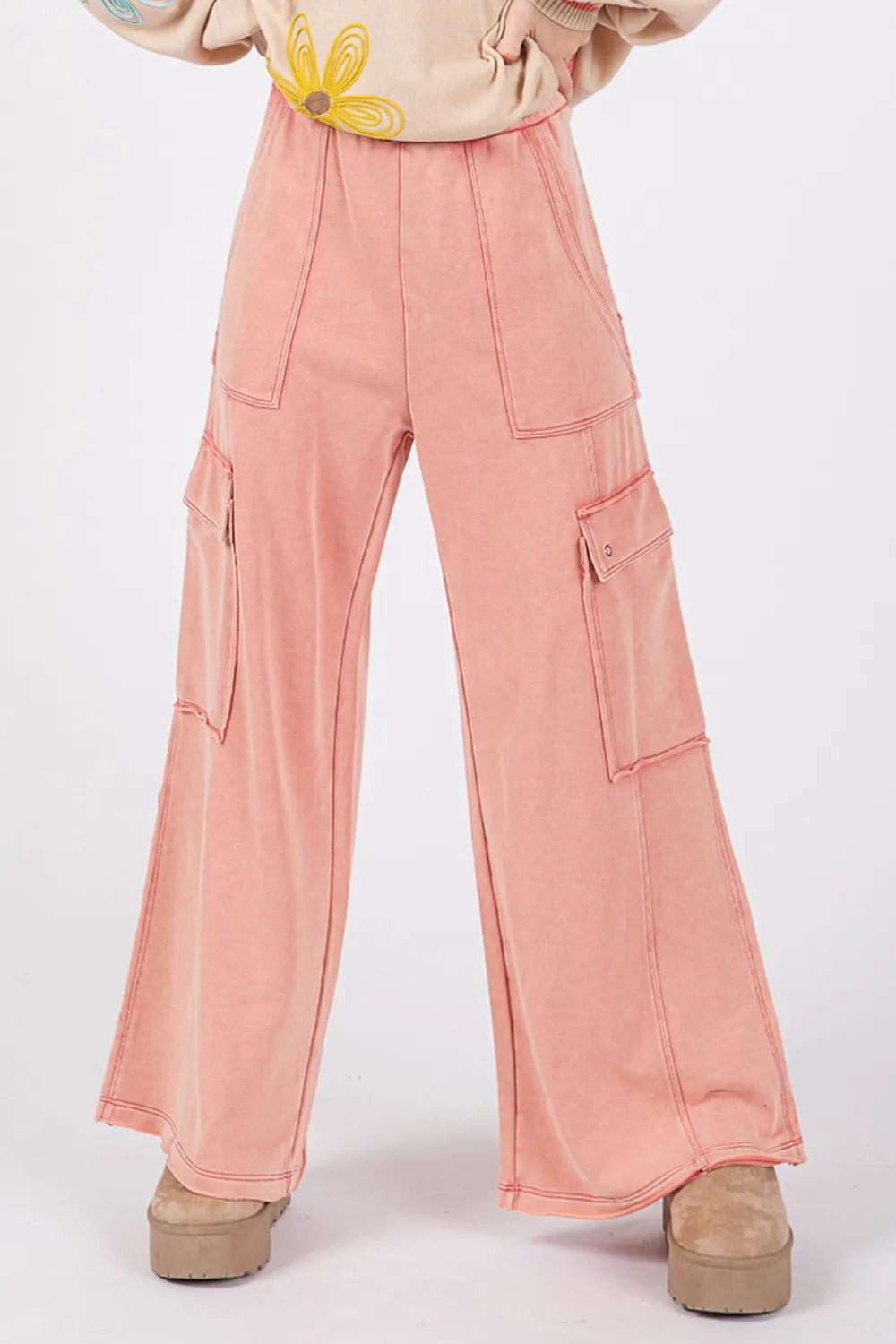 SAGE + FIG Knit Terry Mineral Wash Wide Leg Pants - Brittney MADE