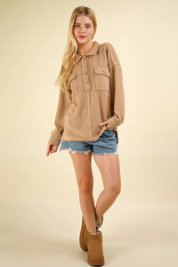VERY J Collared Half Button Knit Top with Pockets - Brittney MADE