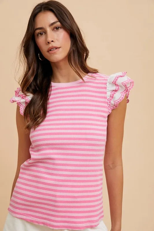 Annie Wear Ruffled Striped Round Neck Cap Sleeve Knit Top - Brittney MADE