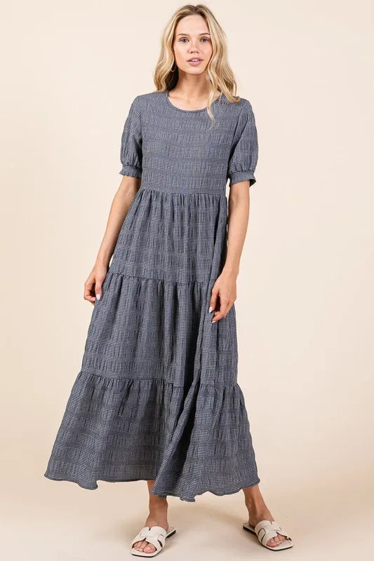 BOMBOM Textured Short Sleeve Tiered Dress - Brittney MADE