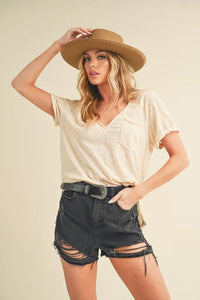 Aemi + Co Side Slit V-Neck Short Rolled Sleeve T-Shirt - Brittney MADE