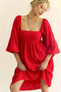 Davi & Dani Solid Textured Fabric Puff Sleeve Tie Back Dress - Brittney MADE