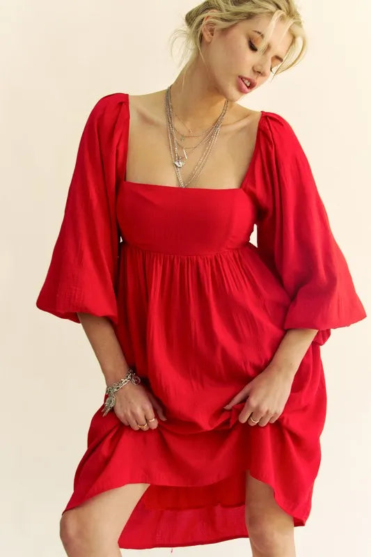 Davi & Dani Solid Textured Fabric Puff Sleeve Tie Back Dress - Brittney MADE