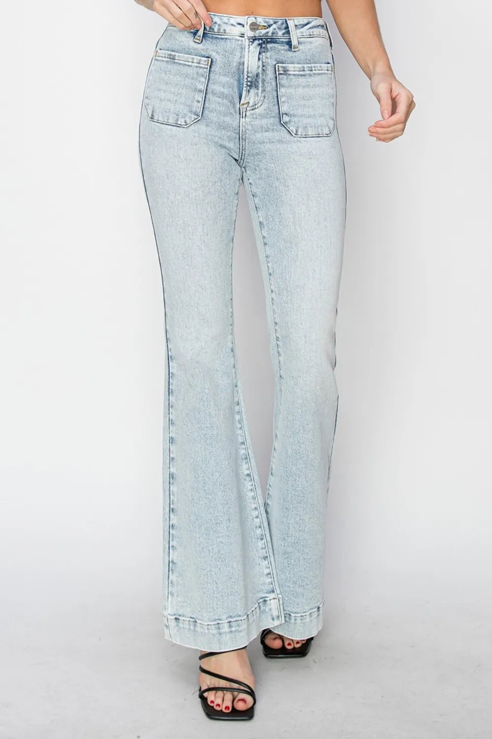Risen Full Size High Rise Front Patch Pocket Flare Jeans - Brittney MADE