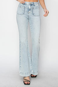 Risen Full Size High Rise Front Patch Pocket Flare Jeans - Brittney MADE