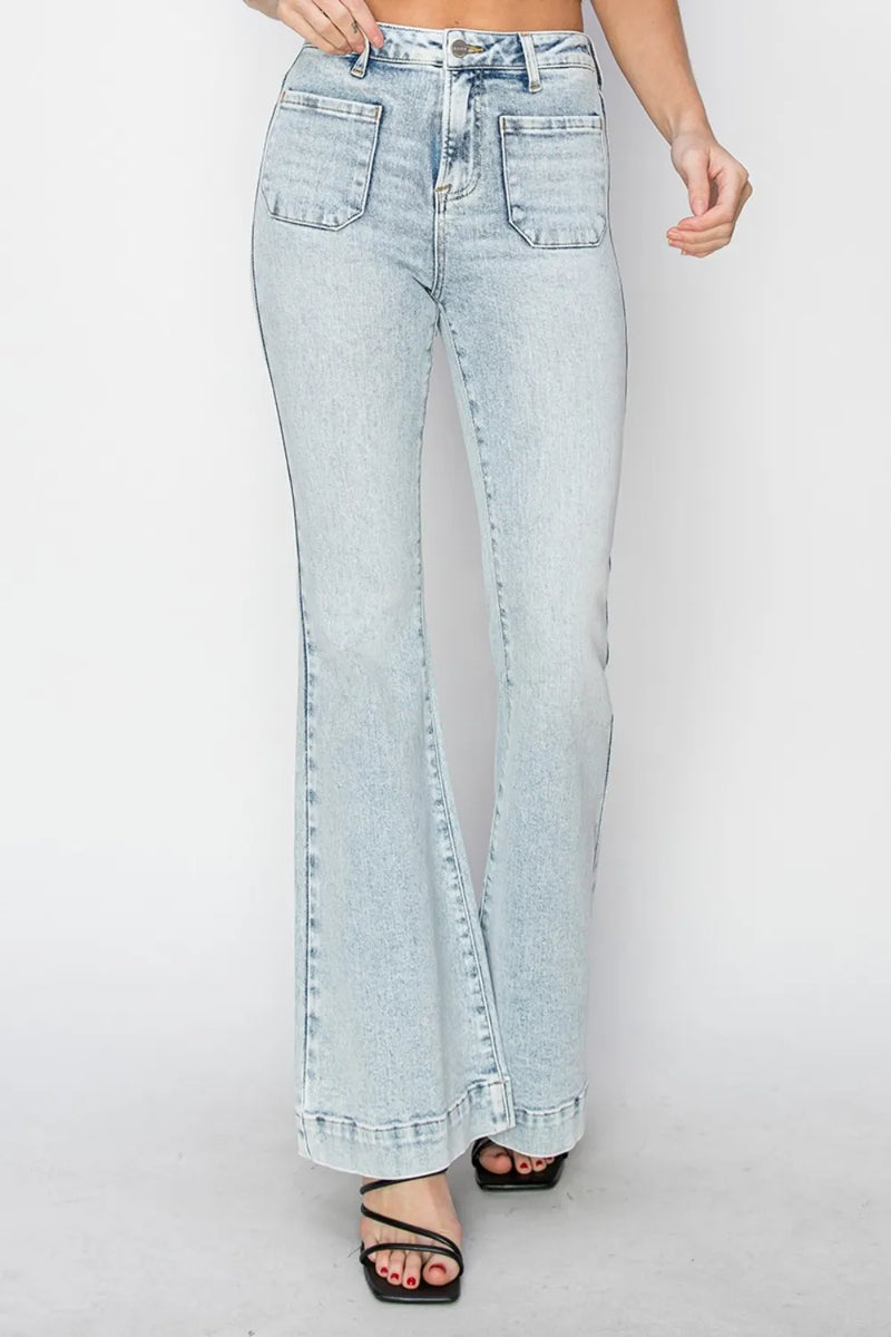 Risen Full Size High Rise Front Patch Pocket Flare Jeans - Brittney MADE