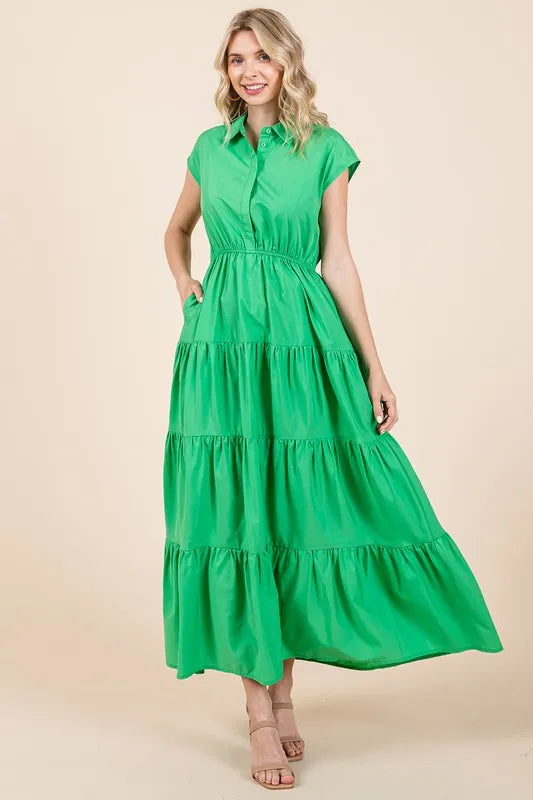 Mittoshop Button Up Collared Tiered Maxi Shirt Dress - Brittney MADE