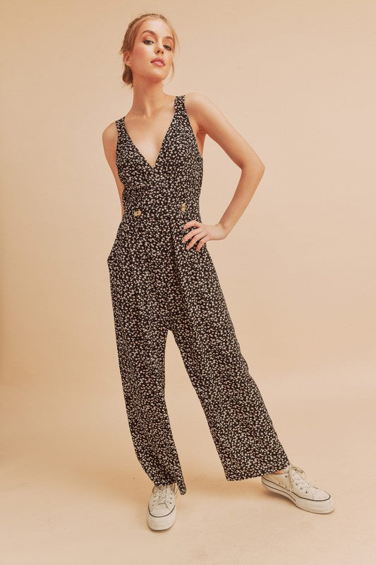Aemi + Co Ditsy Floral Surplice Sleeveless Wide Leg Jumpsuit - Brittney MADE