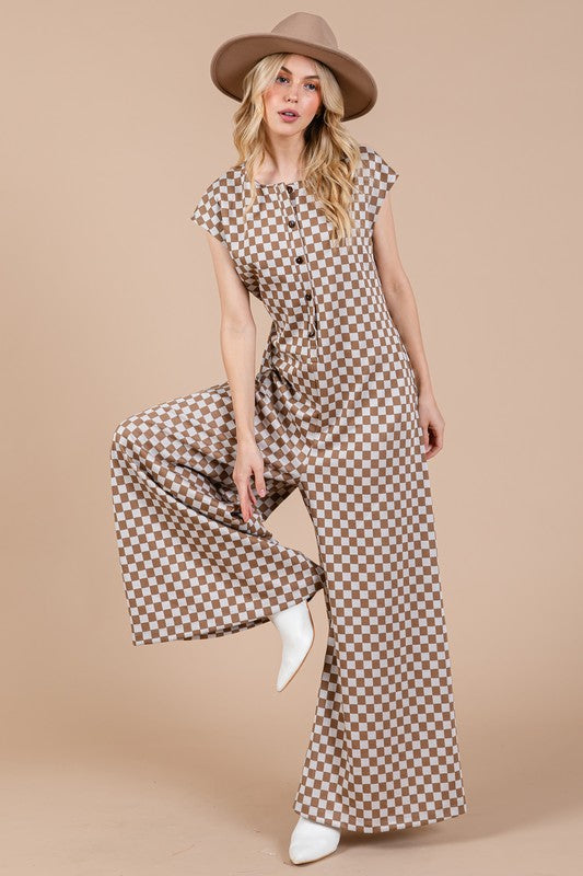 Ces Femme Checkered Half Button Cap Sleeve Jumpsuit - Brittney MADE