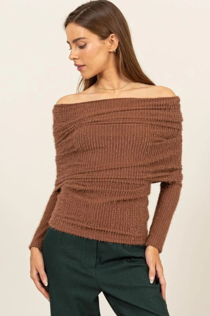 HYFVE Fuzzy Off Shoulder Textured Knit Top - Brittney MADE