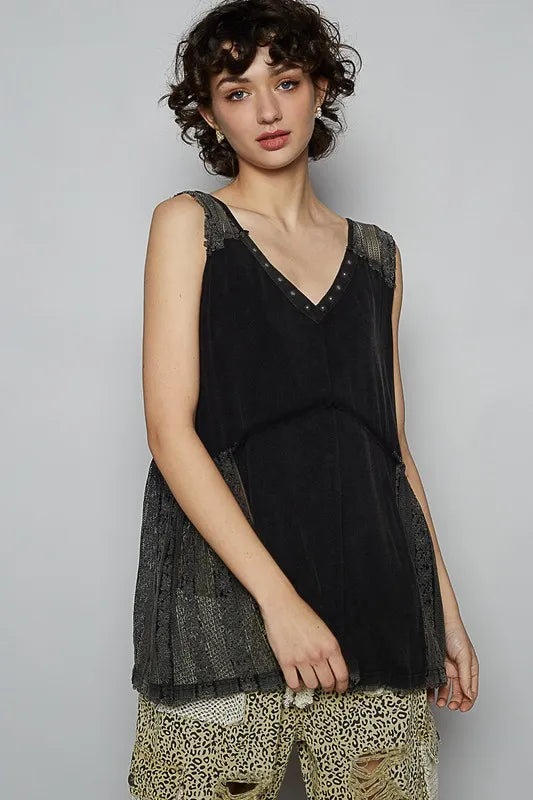 POL Lace Detail Studded Crisscross Back V-Neck Sleeveless Top - Brittney MADE