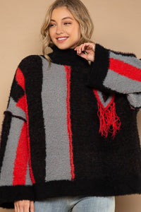 POL Turtleneck Color Block Fringe Detail Sweater - Brittney MADE