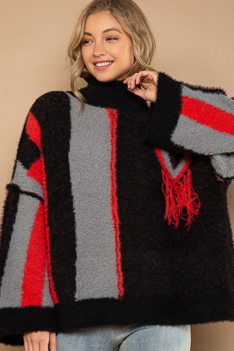 POL Turtleneck Color Block Fringe Detail Sweater - Brittney MADE