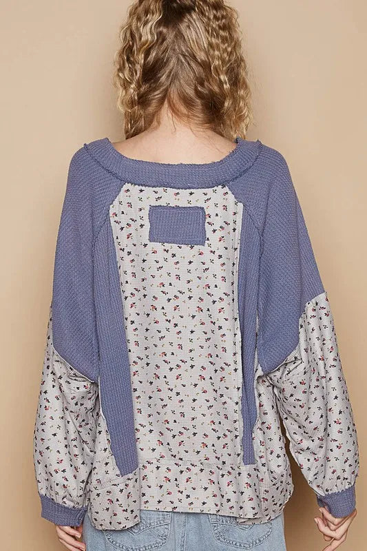POL Waffle Knit Floral Notched Long Sleeve Top - Brittney MADE
