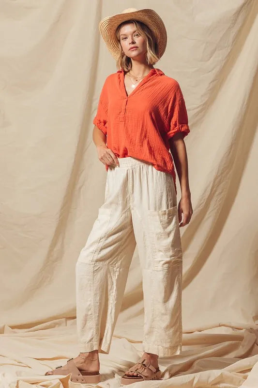 SO ME Cotton Linen Textured Woven Slouchy Wide Leg Pants - Brittney MADE