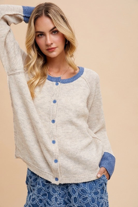 Annie Wear Contrast Trim Button Down Raglan Sleeve Cardigan - Brittney MADE