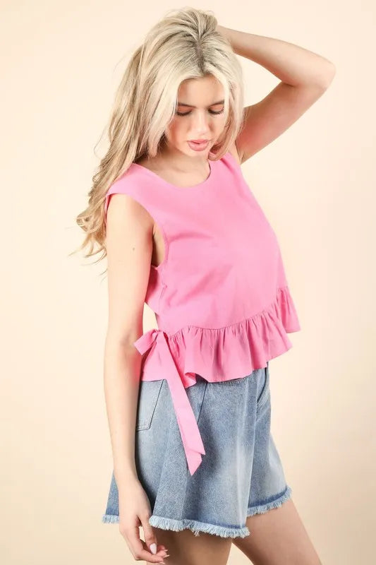 VERY J Side Tie Detail Ruffled Sleeveless Top - Brittney MADE