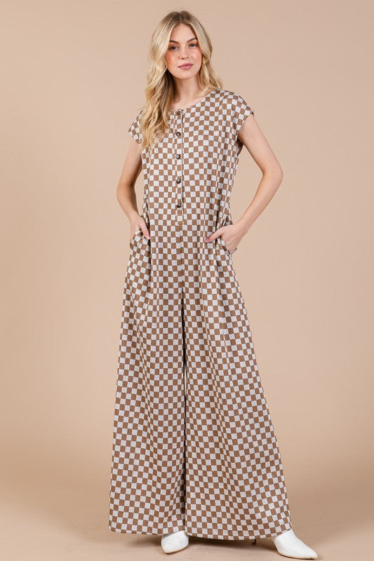 Ces Femme Checkered Half Button Cap Sleeve Jumpsuit - Brittney MADE