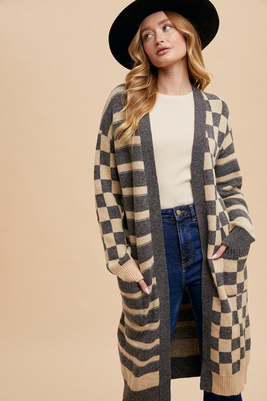 Annie Wear Checkered & Striped Open Front Long Sleeve Cardigan - Brittney MADE