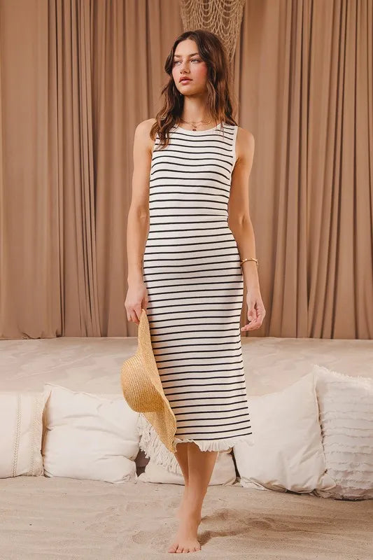 SO ME Stripe Sleeveless Sweater Knit Maxi Dress With Ruffled Hem - Brittney MADE