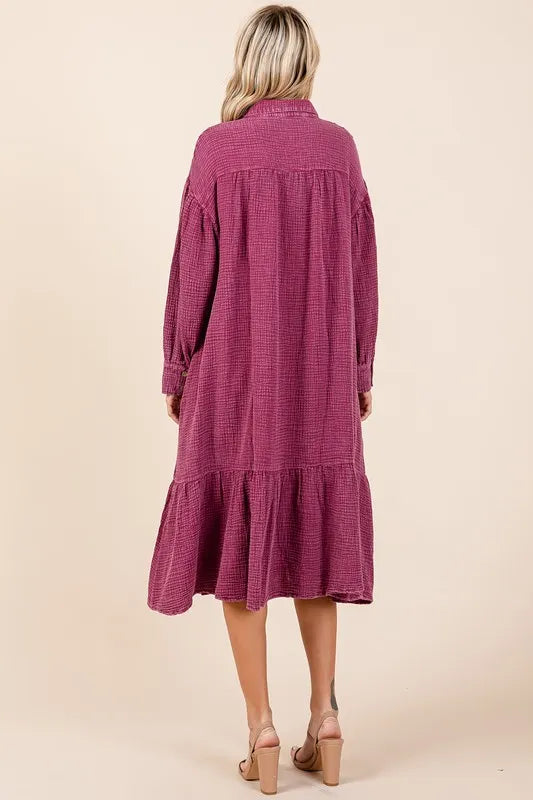 Mittoshop Mineral Wash Cotton Gauze Ruffle Midi Shirt Dress - Brittney MADE