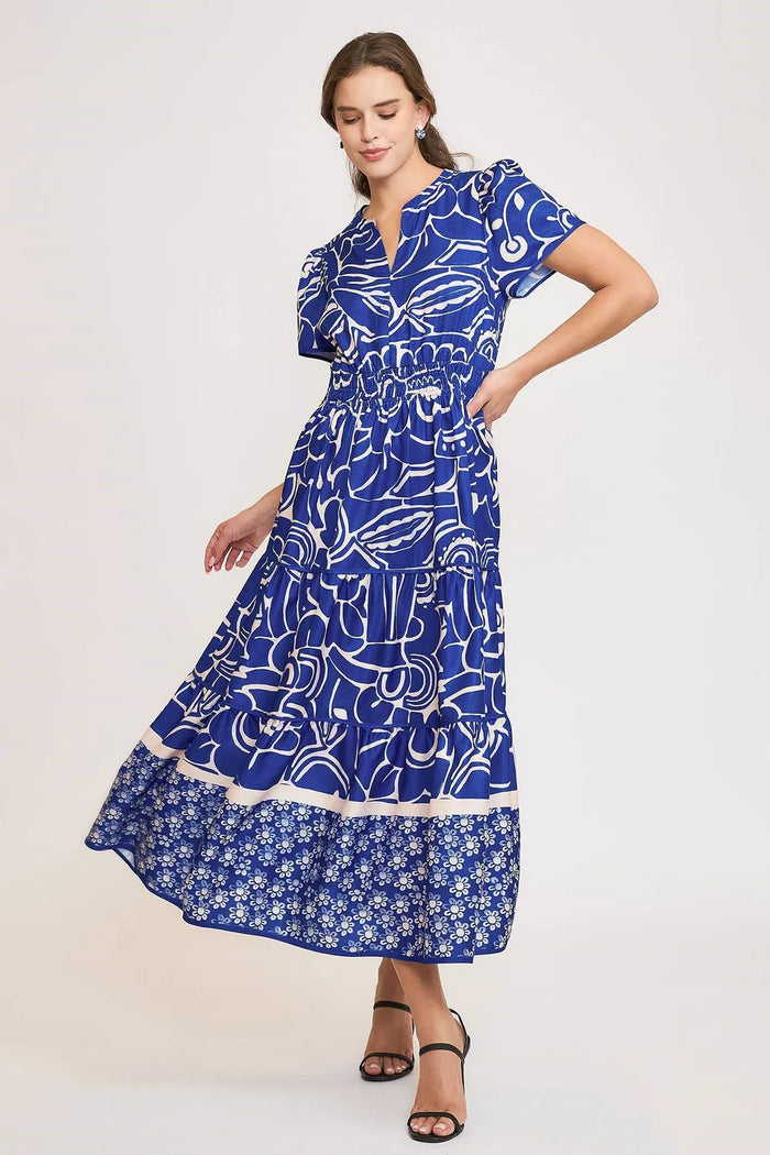 Umgee Full Size Printed Notched Short Sleeve Tiered Dress Plus Size - Brittney MADE