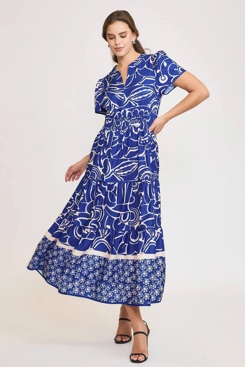 Umgee Full Size Printed Notched Short Sleeve Tiered Dress Plus Size - Brittney MADE