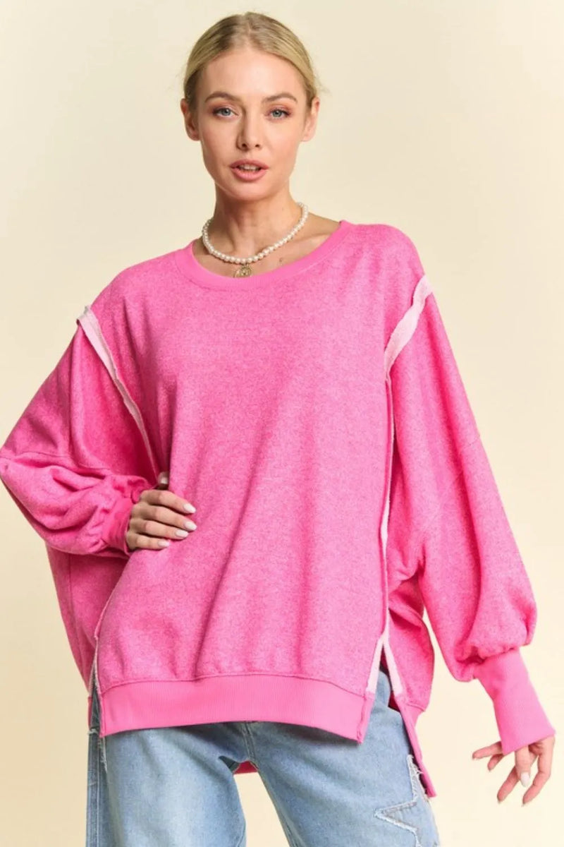 Davi & Dani Side Slit High-Low Lantern Sleeve Knit Top - Brittney MADE
