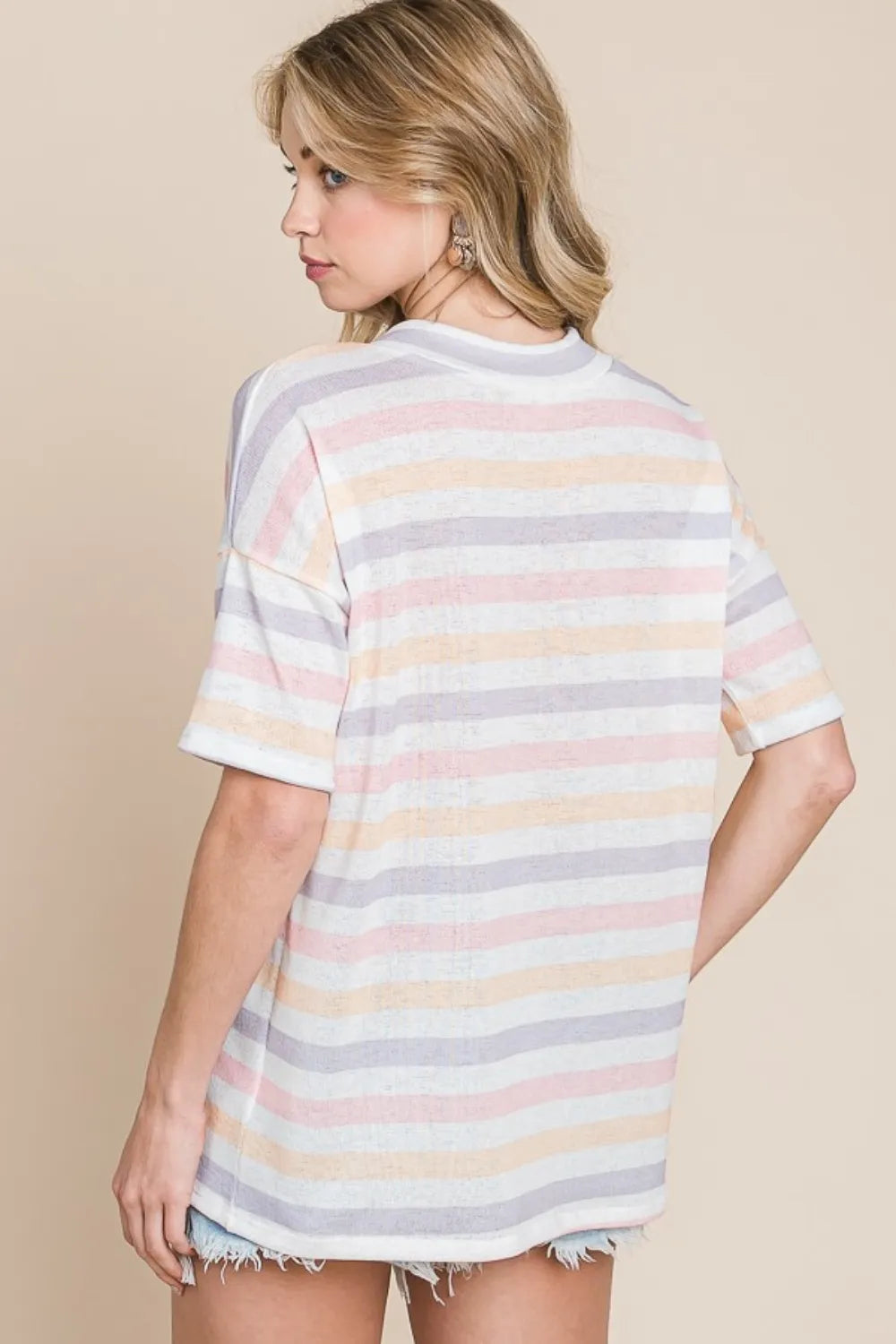 BOMBOM Striped V-Neck Short Sleeve T-Shirt - Brittney MADE