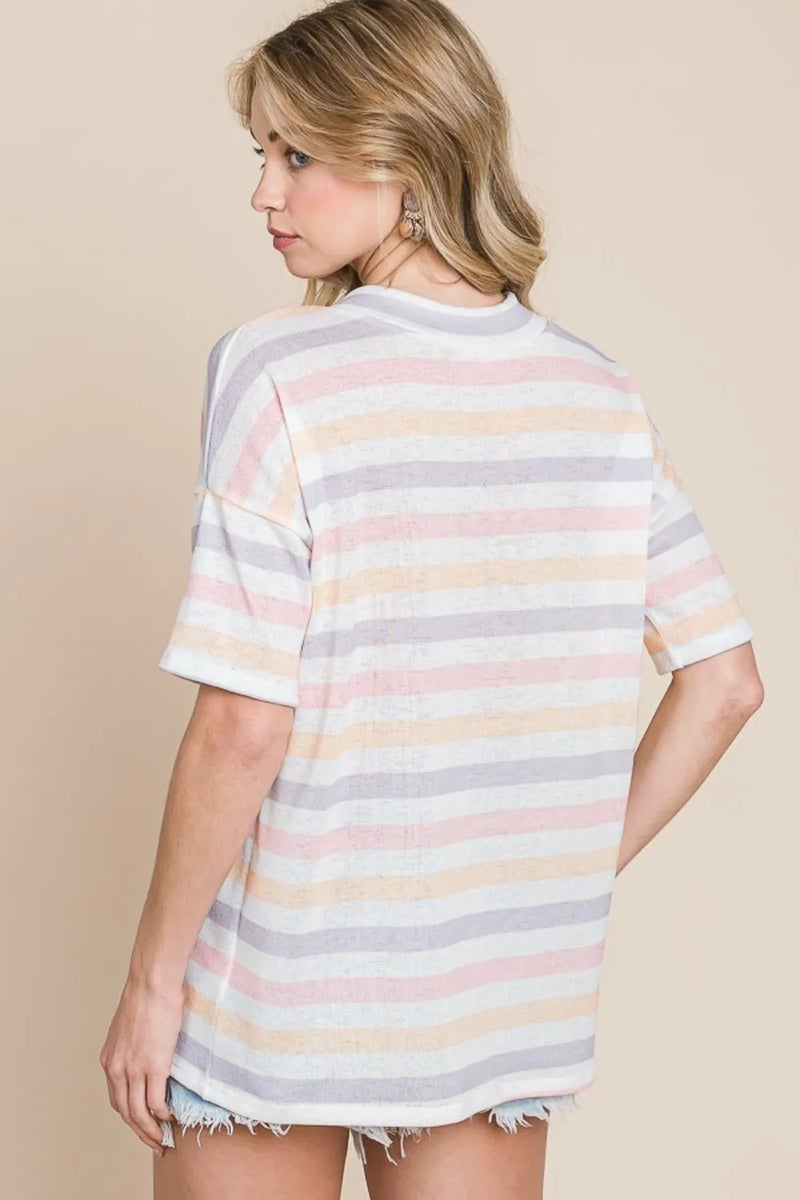 BOMBOM Striped V-Neck Short Sleeve T-Shirt - Brittney MADE
