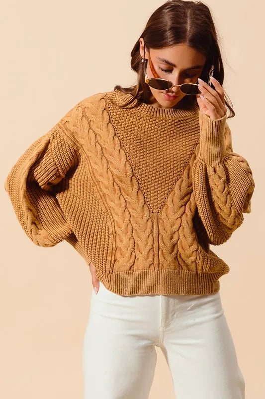 SO ME Mineral Washed Loose Fit Textured Cable Sweater - Brittney MADE