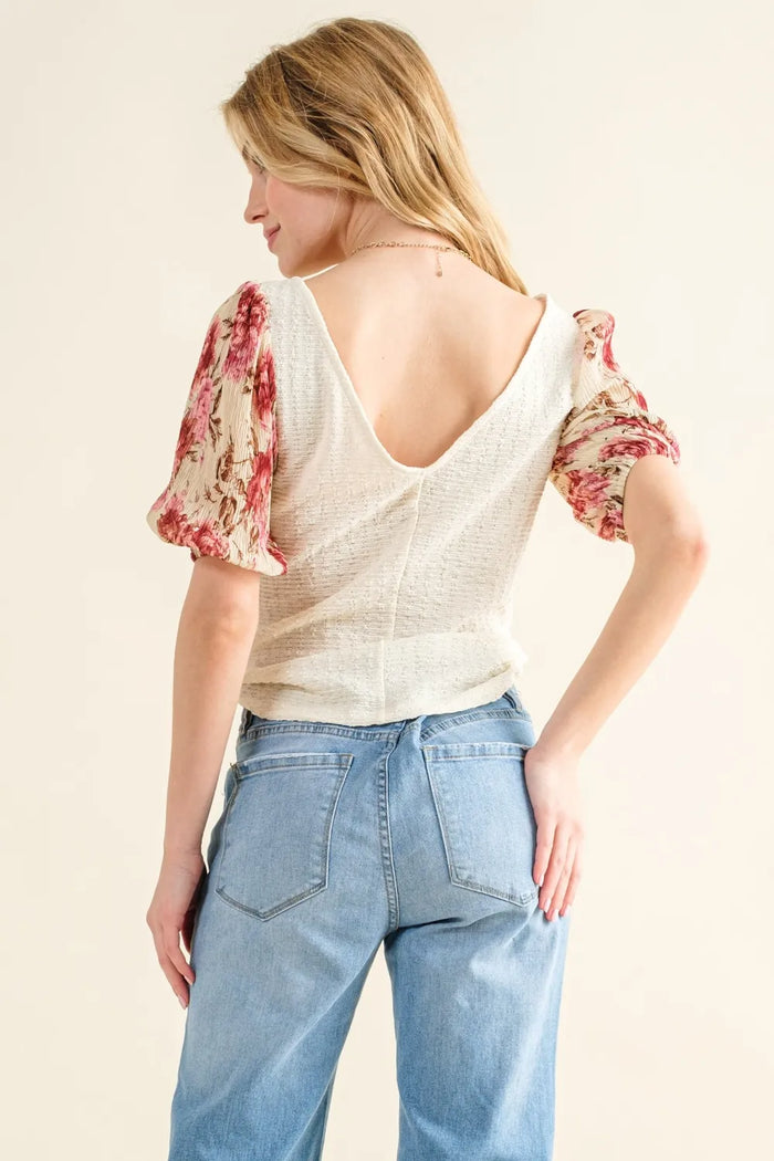 And The Why Full Size Floral Print Textured Sleeve Knit Top - Brittney MADE