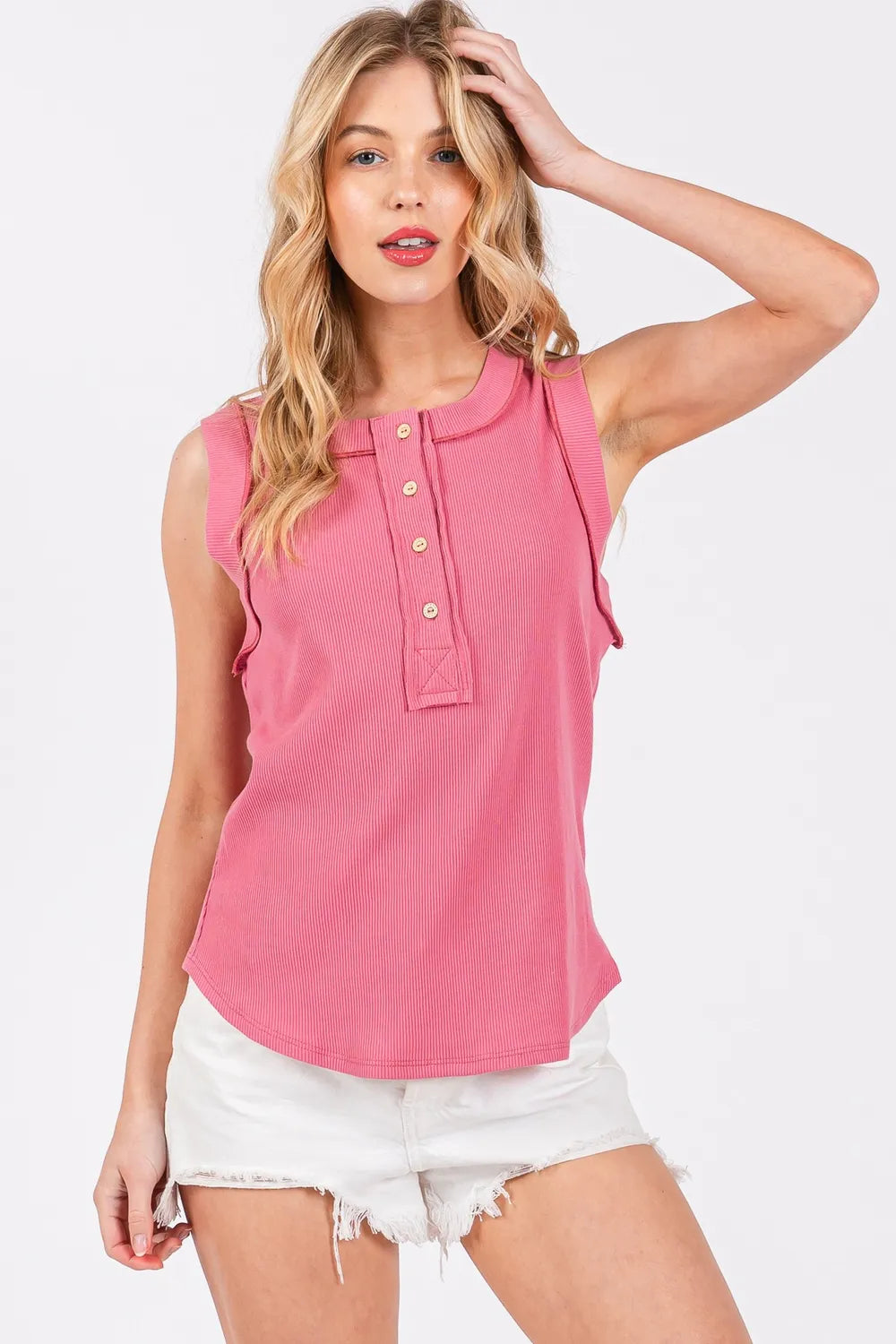 Ces Femme Stitch Detail Half Button Ribbed Tank - Brittney MADE