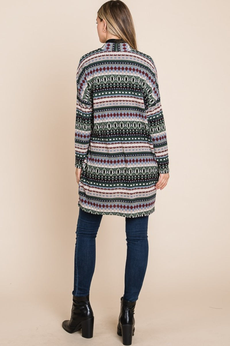 BOMBOM Geometric Open Front Long Sleeve Cardigan with Pockets - Brittney MADE