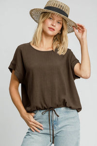 Umgee Drawstring Hem Round Neck Short Sleeve T-Shirt - Brittney MADE