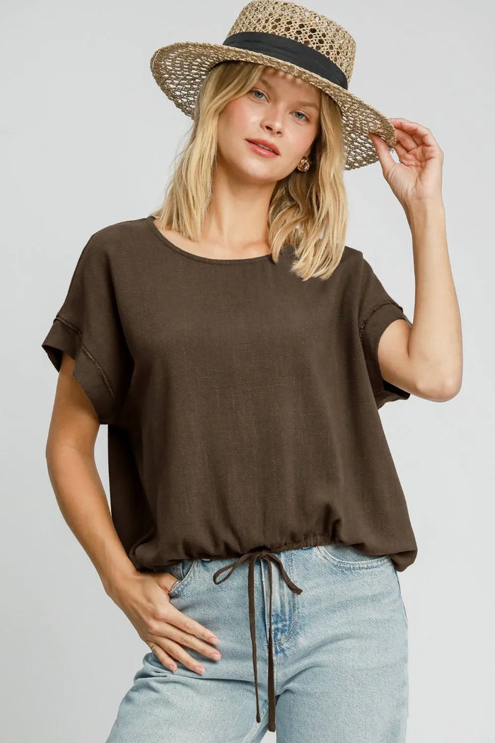 Umgee Drawstring Hem Round Neck Short Sleeve T-Shirt - Brittney MADE
