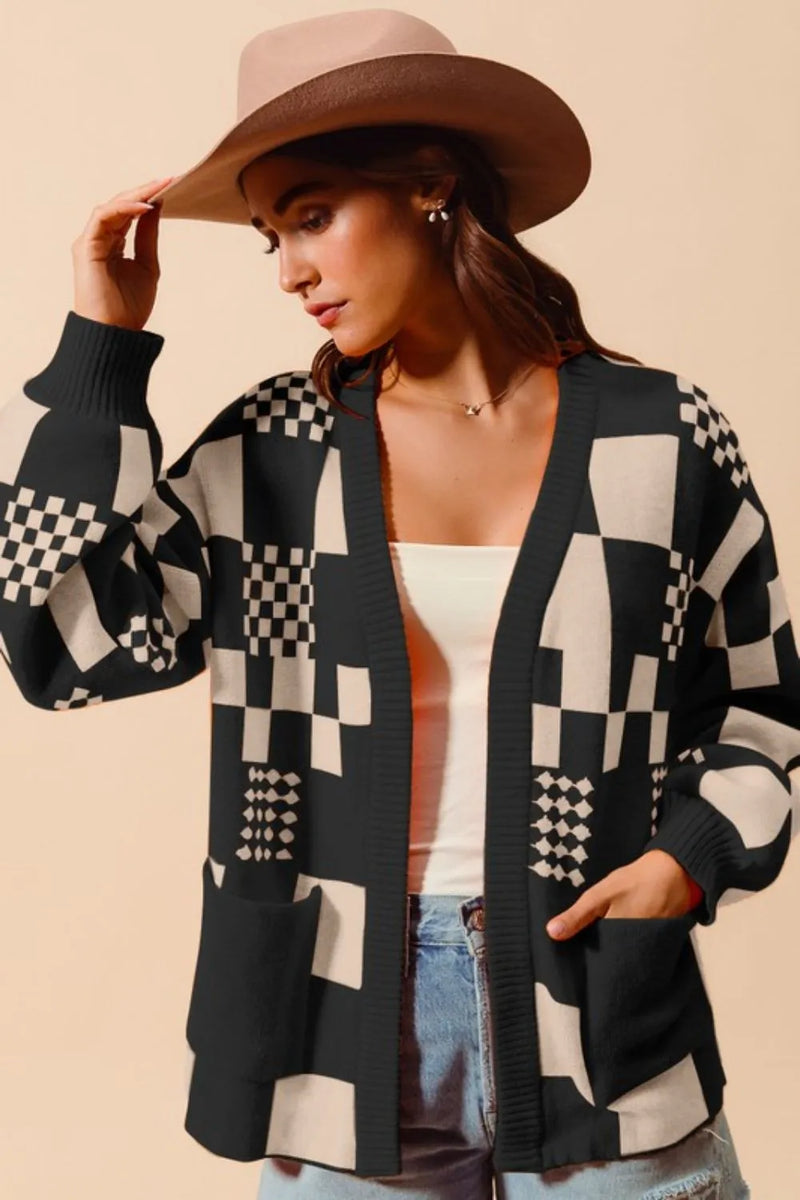 SO ME Checkered Open Front Cardigan with Pockets - Brittney MADE