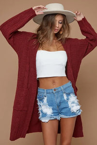 BiBi Cable-Knit Open Front Long Sleeve Cardigan - Brittney MADE
