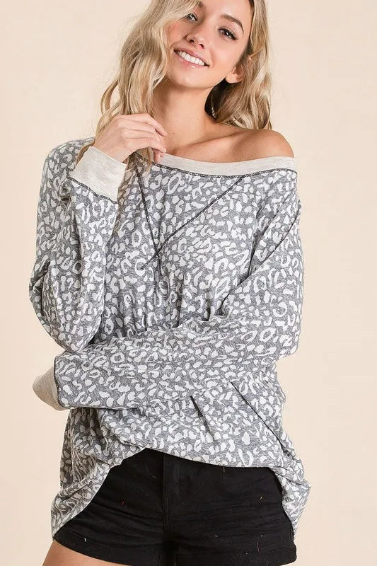 BiBi Leopard Round Neck Long Sleeve T-Shirt - Brittney MADE