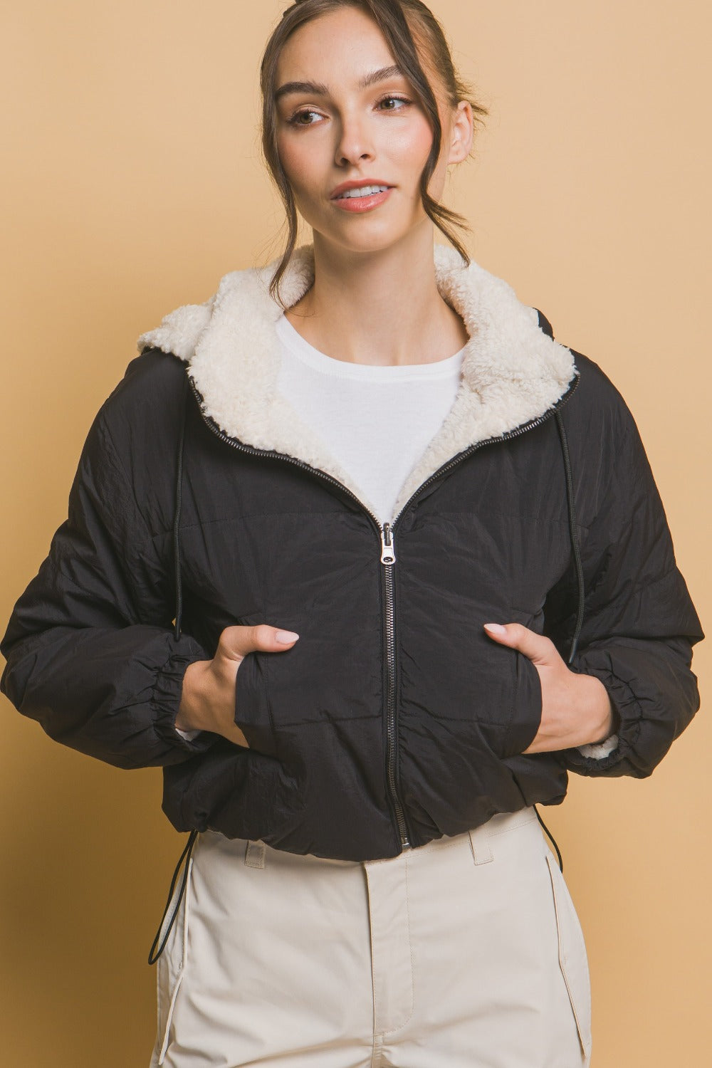 Love Tree Zip Up Cropped Hooded Sherpa Reversible Jacket - Brittney MADE