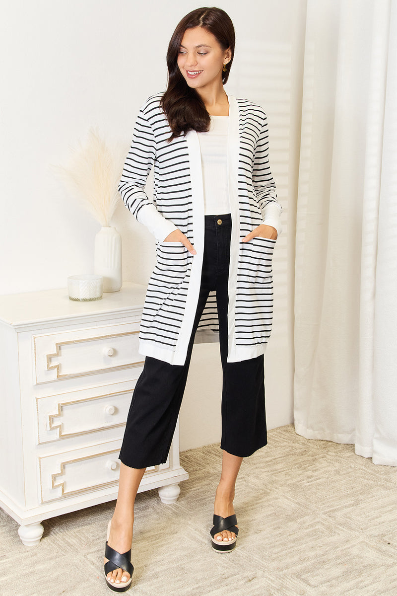 Double Take Striped Open Front Longline Cardigan - Brittney MADE