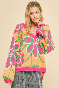 Davi & Dani Floral Contrast V-Neck Dropped Shoulder Sweater - Brittney MADE