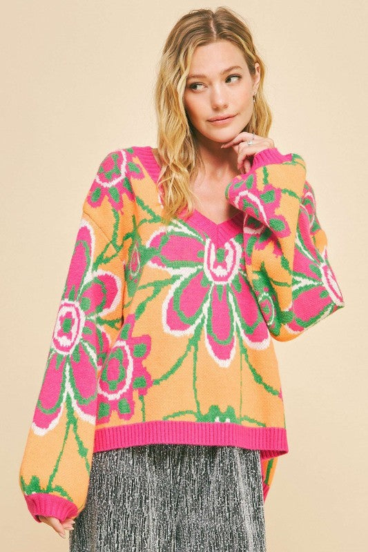 Davi & Dani Floral Contrast V-Neck Dropped Shoulder Sweater - Brittney MADE